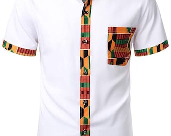 Chemise Pour Homme Africain| Impression Kente Top Blanc| Dashiki Chemise Homme|  Tenue de famille| Vêtements décontractés africains| Chemise du parti africain| 2lovers Mode