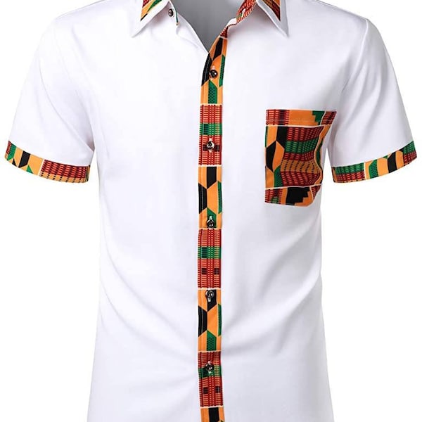 African Men Shirt| White Top Kente Print| Dashiki Mens Shirt|  Family Outfit| African Casual Wear| African Party Shirt| 2lovers Fashion