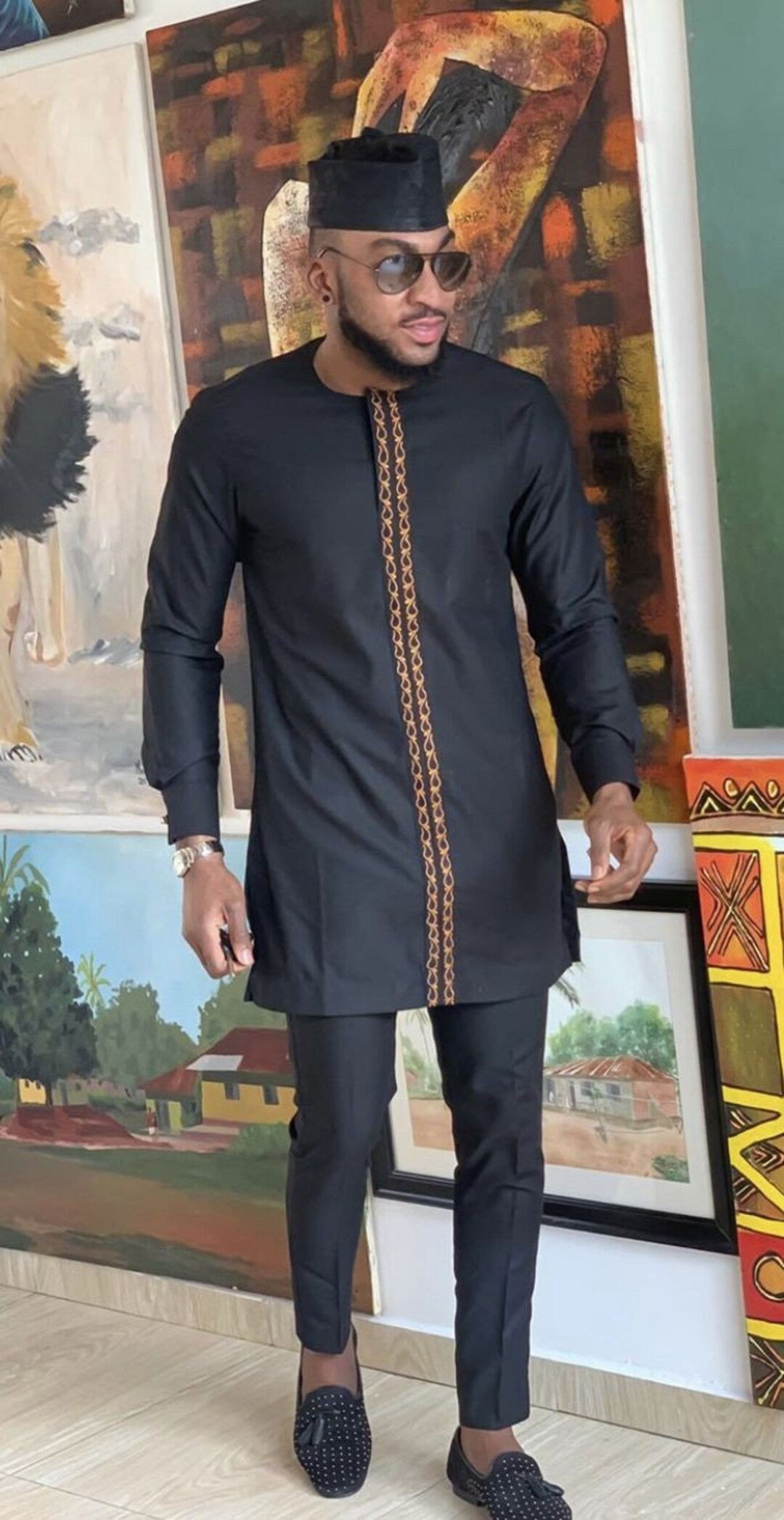 ATLYCOLOR African Suits For Men, Dashiki 2 Piece Set Gold