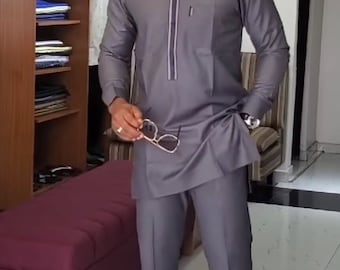 Men's Grey African Shirt and Pant Set, Handmade Traditional Wear