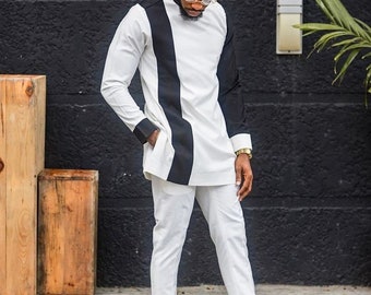 Weißes afrikanisches Hemd und Hose für Männer | Handgemachte Kaftan Kleidung