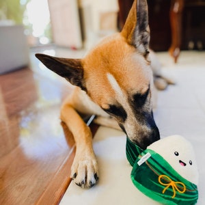 May include: A brown and white dog with black ears is playing with a green and white plush toy shaped like a rice dumpling. The toy has a yellow ribbon and a smiling face.
