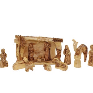 Hand Made Natural Wooden Nativity Set From Bethlehem - The Cave 15 pcs