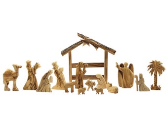 Hand Made Olive Wood Nativity 15 Pieces Set