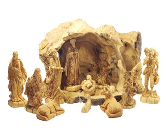 Unique Hand Carved Olive Nativity Set And Cave From Bethlehem