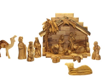 Hand Carved Abstract Wooden Nativity Set From Bethlehem 15 Pieces