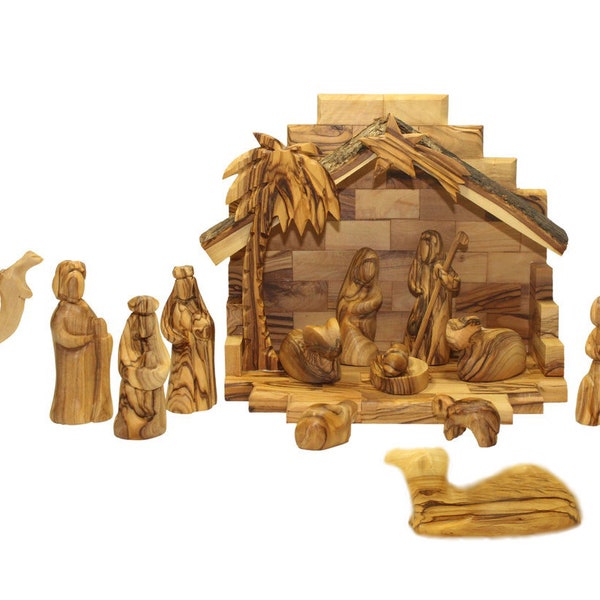 Hand Carved Abstract Wooden Nativity Set From Bethlehem 15 Pieces