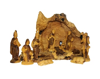 Unique Hand Carved Wooden Nativity Set With Natural Cave from Bethlehem 10 pcs