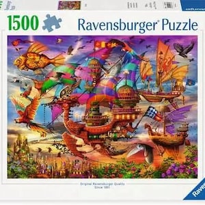 May include: A 1500 piece Ravensburger puzzle featuring a colorful, whimsical scene of flying ships and creatures. The ships are adorned with intricate details and vibrant colors, including red, blue, green, yellow, and purple. The scene is set against a backdrop of clouds and a sky filled with birds.