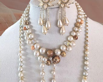 Vintage Glass Pearl Jewelry Set: Crystal Necklace, Bracelet, Dangle Earrings