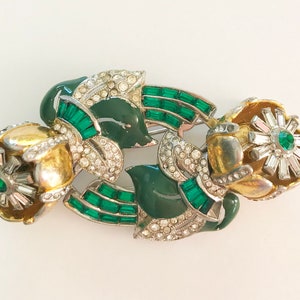 Rare Coro 1938 Quivering Camellias Duette Brooch Adolph Katz Gold Tone Green Enamel Clear Rhinestone