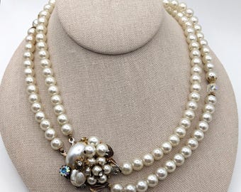 Vintage Baroque Double Strand Pearl Necklace with Babbles and Crystal Clasp