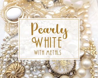 Pearly White Costume Jewelry Lot: Vintage Faux Pearls, Gold-Tone, Silver-Tone Mix