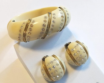 Vintage Rhinestone and Cream Thermoplastic Hinged Bracelet and Earring Set