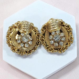 Pat Pend Large Vintage Earrings Gold Tone Clear Rhinestone Round Clip On