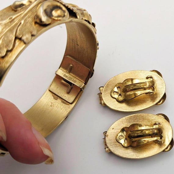 Whiting and Davis Gold Tone Ornate Scroll Bracele… - image 4