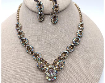 Intricate Dimensional Vintage Necklace Aurora Borealis Rhinestones Screw Earrings