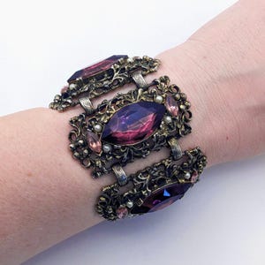 Vintage Wide Chunky Link Bracelet Purple Rhinestones Ornate Metalwork Selro?