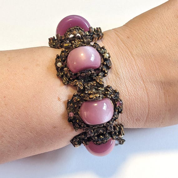 Bracelet Manchette Vintage En Bronze Avec Cabochons En Verre Violet - Ancien - Occasion