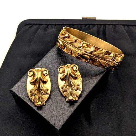 Whiting and Davis Gold Tone Ornate Scroll Bracele… - image 1