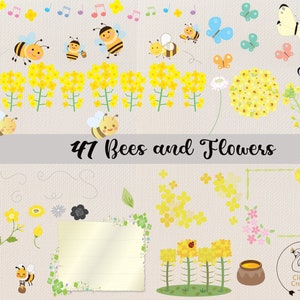 May include: A set of 47 digital illustrations featuring bees and yellow flowers. The illustrations are in a cartoon style and are perfect for adding a touch of whimsy to your projects.