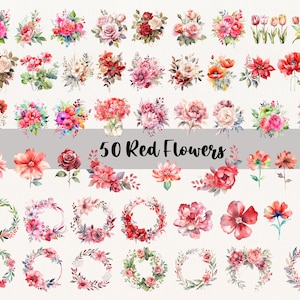 50 Red Flowers PNG, Watercolor Flower Clipart, Red Flowers Bundle Illustrations, Instant Download