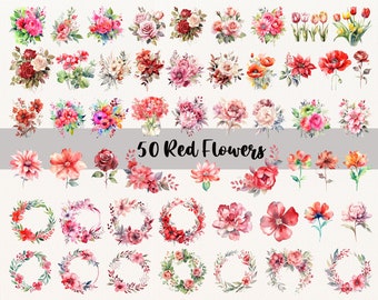 50 rote Blumen PNG, Aquarell Blumen Clipart, rote Blumen Bündel Illustrationen, Instant Download