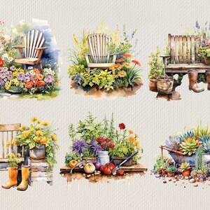 May include: Six watercolor illustrations of garden scenes with chairs, benches, and potted plants. The first scene features a white wooden chair with a floral arrangement. The second scene features a white wooden Adirondack chair with a floral arrangement. The third scene features a wooden bench with a floral arrangement. The fourth scene features a wooden chair with a floral arrangement. The fifth scene features a wooden chair with a floral arrangement and vegetables. The sixth scene features a wheelbarrow with succulents.