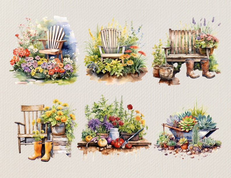 May include: Six watercolor illustrations of garden scenes with chairs, benches, and potted plants. The first scene features a white wooden chair with a floral arrangement. The second scene features a white wooden Adirondack chair with a floral arrangement. The third scene features a wooden bench with a floral arrangement. The fourth scene features a wooden chair with a floral arrangement. The fifth scene features a wooden chair with a floral arrangement and vegetables. The sixth scene features a wheelbarrow with succulents.