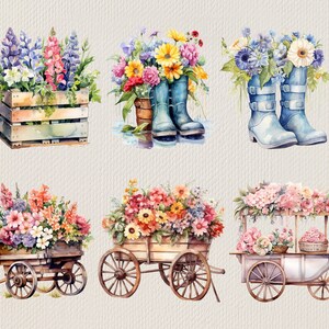 May include: A watercolor illustration of six floral arrangements. The first arrangement is a bouquet of purple, pink, and white flowers in a wooden crate. The second arrangement is a bouquet of yellow, pink, and white flowers in a blue rain boot. The third arrangement is a bouquet of blue and white flowers in two blue rain boots. The fourth arrangement is a bouquet of pink, purple, and white flowers in a wooden wagon. The fifth arrangement is a bouquet of pink, white, and yellow flowers in a wooden wagon. The sixth arrangement is a bouquet of pink and white flowers in a wooden flower cart.