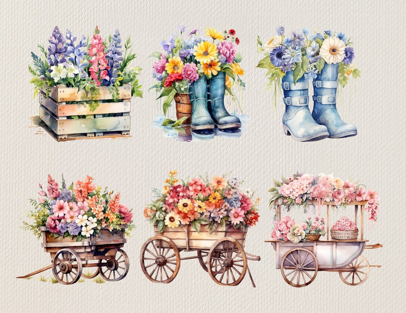 May include: A watercolor illustration of six floral arrangements. The first arrangement is a bouquet of purple, pink, and white flowers in a wooden crate. The second arrangement is a bouquet of yellow, pink, and white flowers in a blue rain boot. The third arrangement is a bouquet of blue and white flowers in two blue rain boots. The fourth arrangement is a bouquet of pink, purple, and white flowers in a wooden wagon. The fifth arrangement is a bouquet of pink, white, and yellow flowers in a wooden wagon. The sixth arrangement is a bouquet of pink and white flowers in a wooden flower cart.