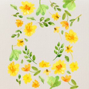 May include: Watercolor painting of a wreath of yellow flowers and green leaves on a white background.