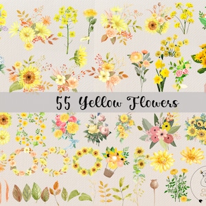 May include: A collection of 55 watercolor illustrations of yellow flowers, including sunflowers, daisies, and other floral arrangements. The illustrations are perfect for adding a touch of nature to your designs.
