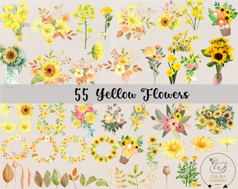 55 Yellow Flowers PNG, Watercolor Flower Clipart, Yellow Flowers Bundle Illustrations, Instant Download