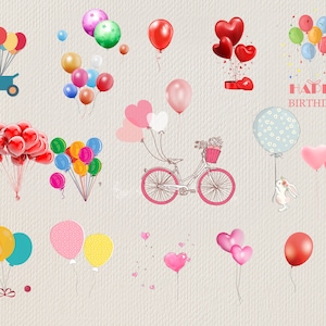 Pode incluir: Uma ilustra&ccedil;&atilde;o colorida de bal&otilde;es, cora&ccedil;&otilde;es e uma bicicleta com uma cesta de flores. O texto "Happy Birthday" est&aacute; escrito em uma fonte caprichosa.