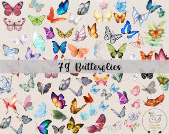 79 Butterfly Clipart PNG, Watercolor Butterfly and Flowers Clipart, Butterfly Bundle Illustrations, Instant Download