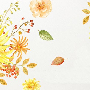May include: A watercolor painting of a bouquet of yellow sunflowers, orange flowers, and red berries with green leaves on a white background.