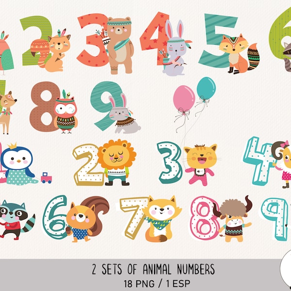 2 sets of animal number, 0-9 Animal numbers Clipart, Birthday Numbers, Colourful Numbers for Kids