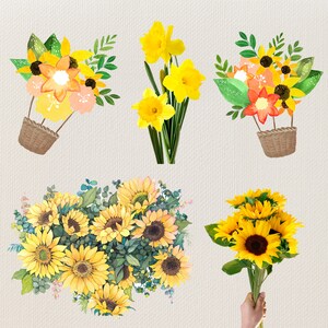 May include: Five watercolor illustrations of different flower arrangements. The first arrangement features yellow daffodils in a green vase. The second arrangement features yellow and orange sunflowers in a brown vase. The third arrangement features yellow and orange sunflowers in a brown vase. The fourth arrangement features yellow and orange sunflowers in a brown vase. The fifth arrangement features yellow and orange sunflowers in a brown vase.