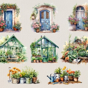May include: Watercolor painting of a collection of green houses, doors, and gardens. The houses are painted in a light green color with white trim. The doors are painted in a light blue color with white trim. The gardens are filled with flowers and plants.