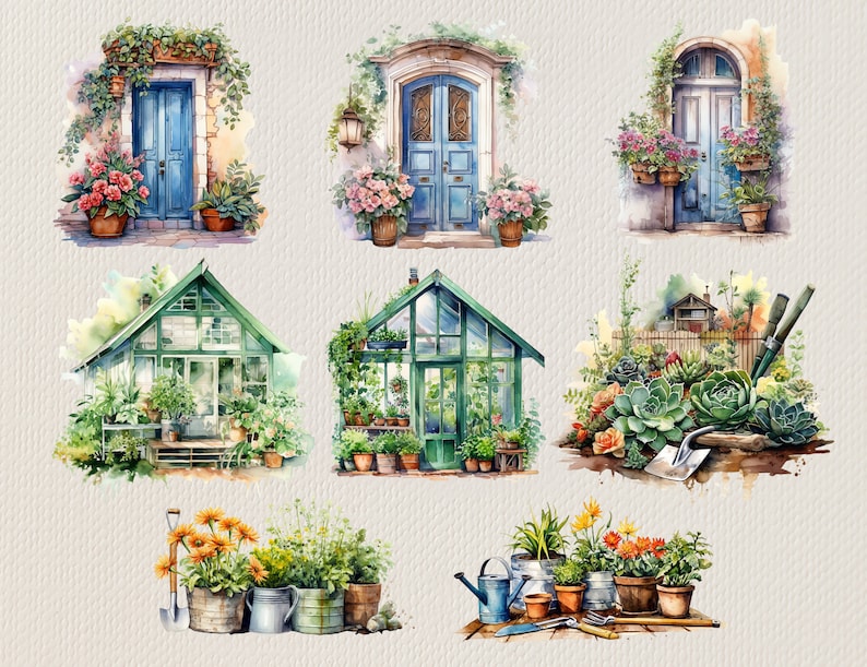 May include: Watercolor painting of a collection of green houses, doors, and gardens. The houses are painted in a light green color with white trim. The doors are painted in a light blue color with white trim. The gardens are filled with flowers and plants.