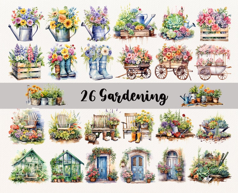 May include: A collection of 26 watercolor illustrations featuring gardening themes. The illustrations include flowers, plants, gardening tools, and garden structures. The illustrations are in a variety of colors, including green, blue, pink, and yellow.
