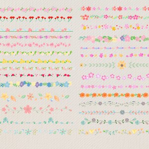 Pu&ograve; includere: Una collezione di 20 diversi bordi floreali, ognuno con un design e una combinazione di colori unici. I bordi presentano vari fiori, foglie e altri elementi botanici, creando un'estetica delicata e femminile.