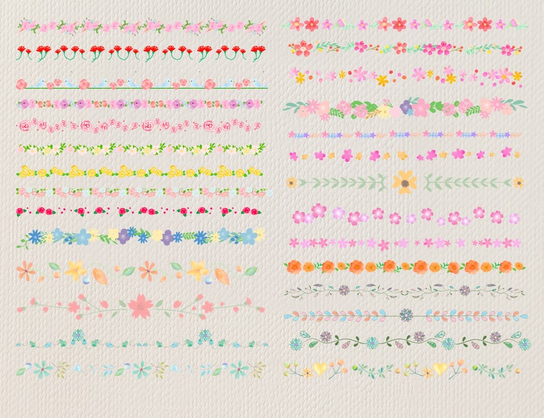 Pu&ograve; includere: Una collezione di 20 diversi bordi floreali, ognuno con un design e una combinazione di colori unici. I bordi presentano vari fiori, foglie e altri elementi botanici, creando un'estetica delicata e femminile.