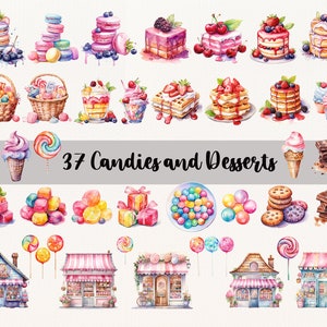 37 スイーツ PNG、キャンディ クリップアート、デザート クリップアート、ベーカリー クリップアート、ケーキ クリップアート、水彩画、ベーカリー クリップアート、アイスクリーム クリップアート、即時ダウンロード