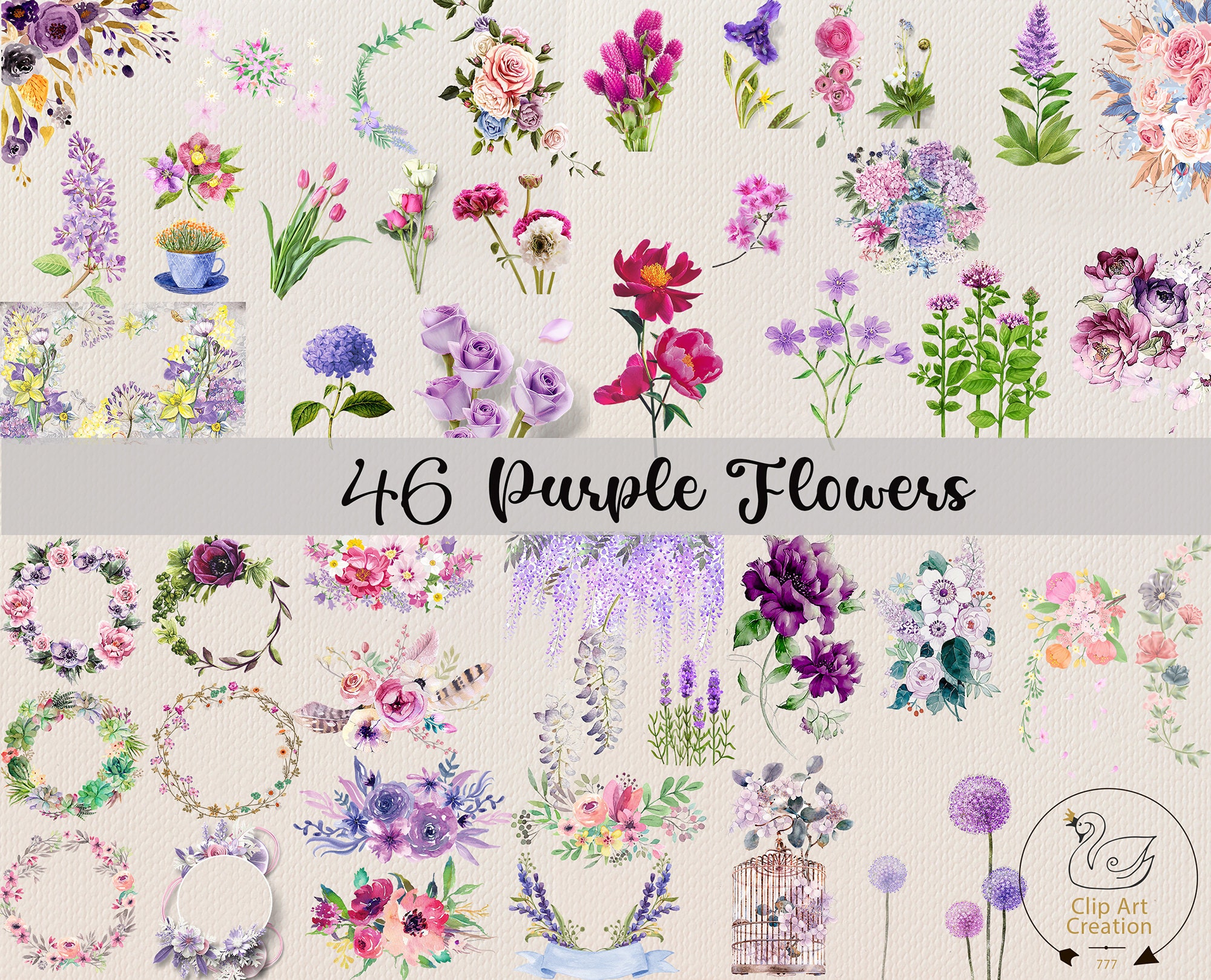 46 Purple Flowers PNG Watercolor Flower Clipart Purple | Etsy