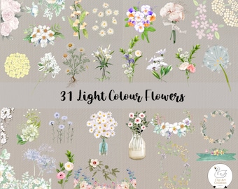 May include: A collection of 31 light-colored watercolor flower illustrations. The flowers are arranged in a grid pattern on a gray background. The text "31 Light Colour Flowers" is displayed in the center of the image.