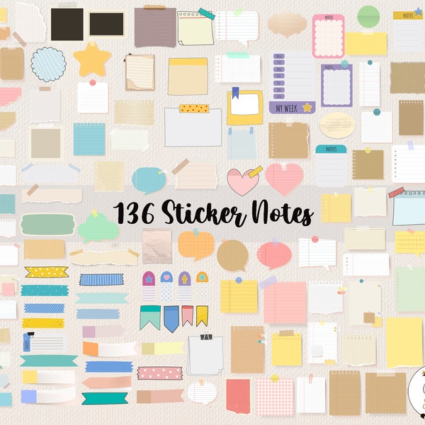 136 Digital Sticky Notes, Digital Stickers, Png Stickers, Goodnotes Planner, Digital Sticker Kit, Note Page Kit, Instant Download