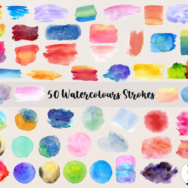 50 Watercolor Strokes, Watercolor Clipart, Paint Strokes, Watercolor Splashes, Brush Strokes, Watercolor Shapes, Brush, Instant Download
