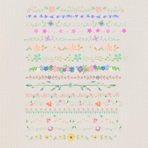 Pu&ograve; includere: Una collezione di 14 bordi floreali con vari colori e stili, tra cui fiori rosa, blu, verdi, gialli e bianchi. I bordi sono perfetti per aggiungere un tocco di eleganza e fantasia a qualsiasi progetto di design.